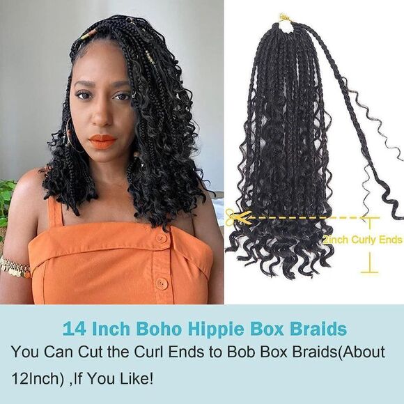 8 Packs  Boho Box Braids Crochet Hair With Curly Ends 14 Inch #1b  FR8 - Picture 7 of 9